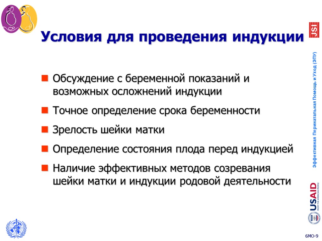 Условия для проведения индукции Обсуждение с беременной показаний и возможных осложнений индукции Точное определение